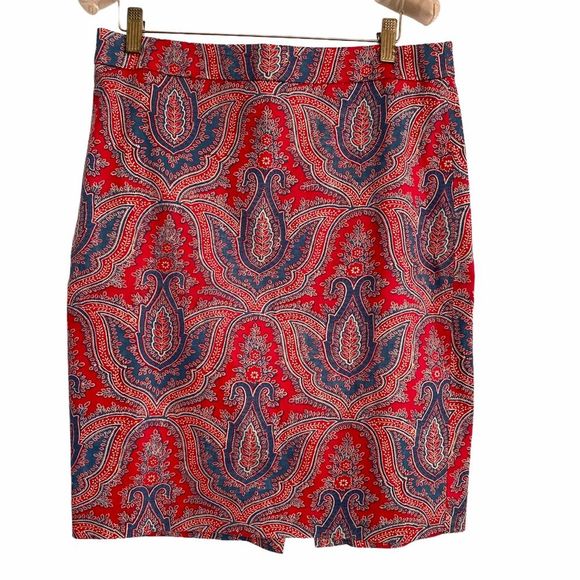 J. Crew The Pencil Skirt Red Blue Paisley Size 6